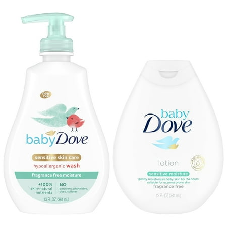 Dove Baby Sensitive Skin Care Bundle - Hypoallergenic Wash & Baby Lotion Fragrance Free Moisture Baby Gift Set 13 Oz Ea (2 Piece Set)
