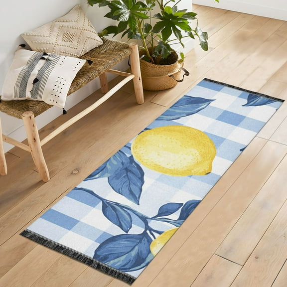 Yayeee Runner Rug for Bedroom 2'x6' Machine Washable Hallway Non Slip Mat, Light Blue Lemon