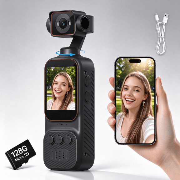 4K Pocket Camera for Vlogging, Wifi Handheld Camcorder with 128GB, 170° Wide Angle Action Camera, 270° Rotating Lens, 12MP Photo, Portable Travel Video Recorder