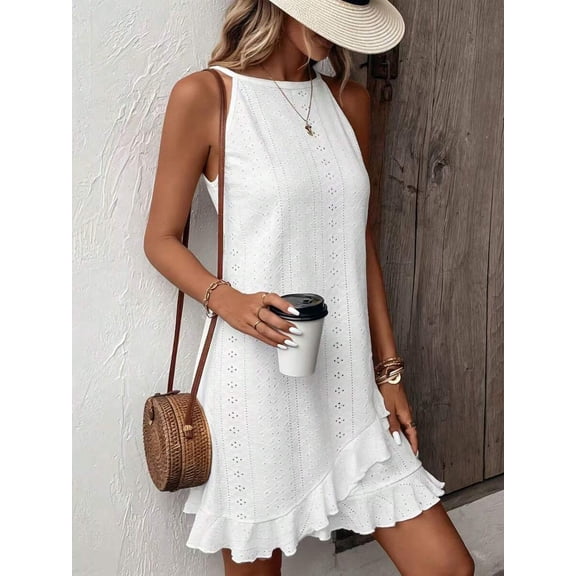 White Eyelet Lace Sleeveless Halter A-Line Sundress With Ruffle Hem For Summer Vacation