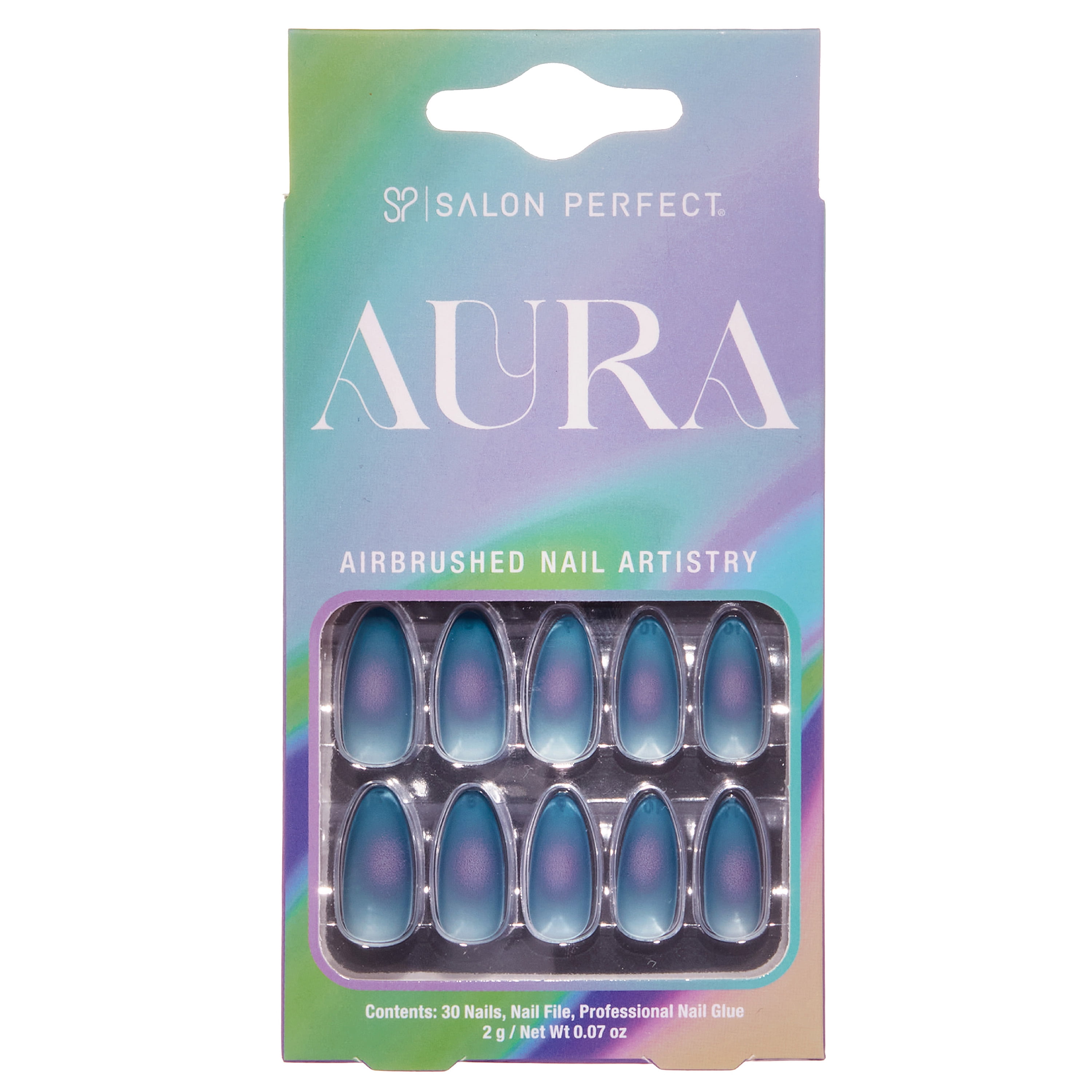Salon Perfect Artificial Press On Nails, 195 Aura Matte Blue Jelly, Medium Almond Glue On Fake Nails, File & Nail Glue Included, 30 Nails