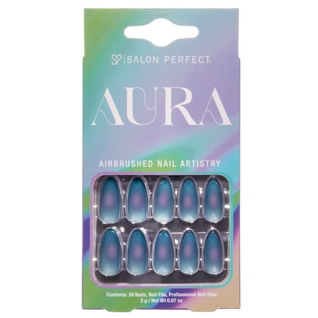 Salon Perfect Artificial Fake Press-Ons, 195 Aura Matte Blue Jelly, Medium Almond, File and Glue Included, 30 Nails