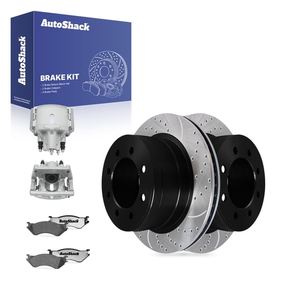 AutoShack Rear Vented Drilled & Slotted E-Coated Brake Rotors   Premium Ceramic Pads   Calipers 8-PC Brake Kit Replacement for 2006-2008 Dodge Ram 1500 ShadowGuard 13.85" (351.7 mm)