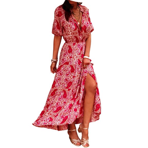 Women's Red Paisley Print Puff Sleeve High Waist Maxi Dress with Side Slit - [ZhiHiMeRi] | (US 12-14)L