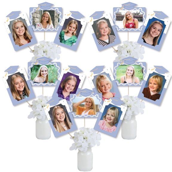 Big Dot of Happiness Light Purple Graduation Photo Display Centerpiece Kit, 15 Photo Table Topper Sticks, Lavender Vertical and Horizontal 4x6 Picture Holders, DIY Grad Party Decoration Set