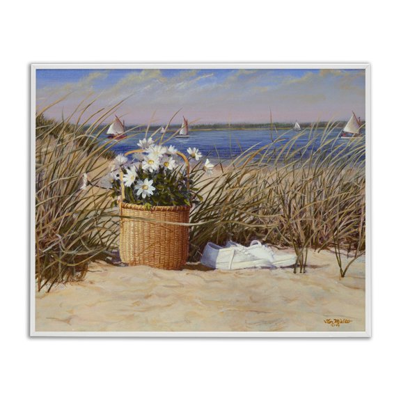 Stupell Industries Traditional Coastal Flower Blossom Basket Windblown Beach Grass White Framed Giclee Art, 20 x 16, by Tom Mielko