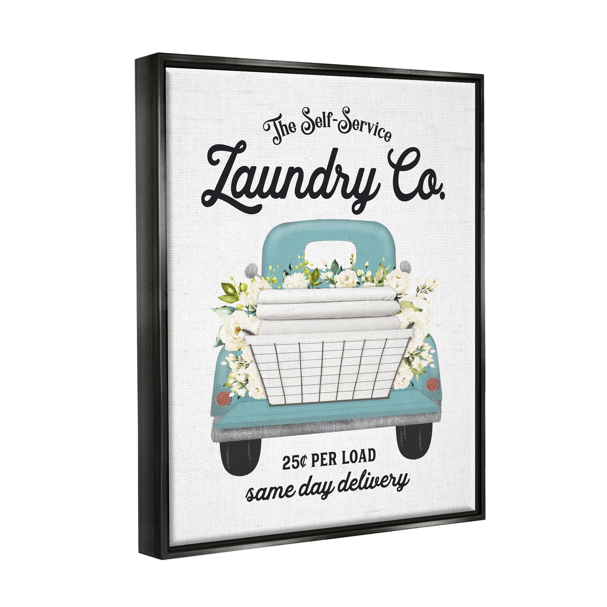 Stupell Industries Self Service Laundry Co. Antique Truck Flower Arrangement Graphic Art Jet Black Floating Framed Canvas Print Wall Art, Design by Lettered and Lined