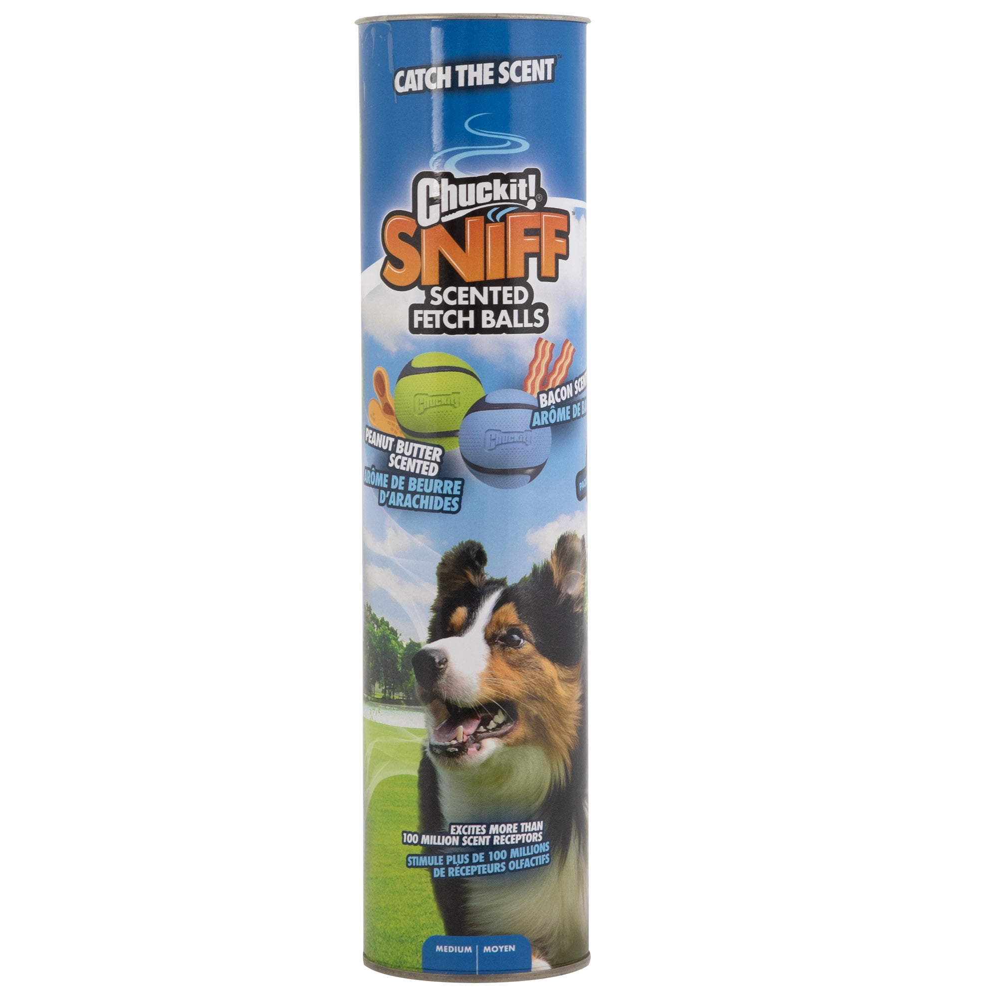 Chuckit! Sniff Scented Fetch Dog Balls Canister, Peanut Butter and Bacon Scented Rubber Toy for Dogs, Medium 2.5" for Pets 20 to 60 lbs, Pack of 4