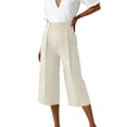 thumbnail image 7 of Costeam Womens Pleated Capri Wide Leg Pants Single Button Zipper Fly Side Slip Pockets Mid Calf Length Tailored Lightweight Loose Cropped Casual Trousers, 7 of 7