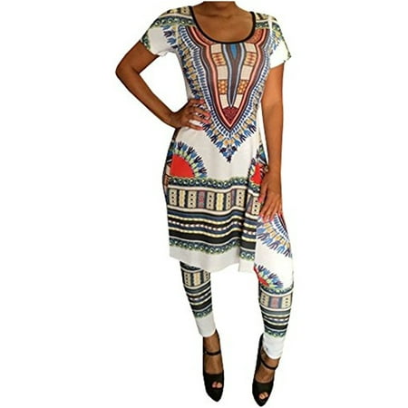 - Women Print 2 Pieces Set Summer Short Sleeve Bohemian Split Dress & Leggings Suit