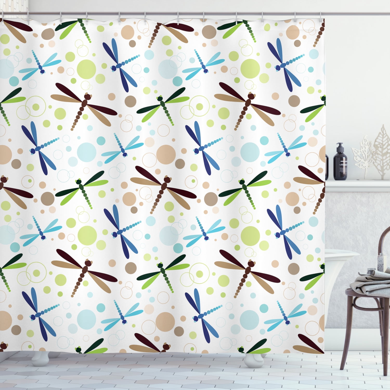 Dragonfly Shower Curtain, Colorful Toned Flying Dragonflies Pattern