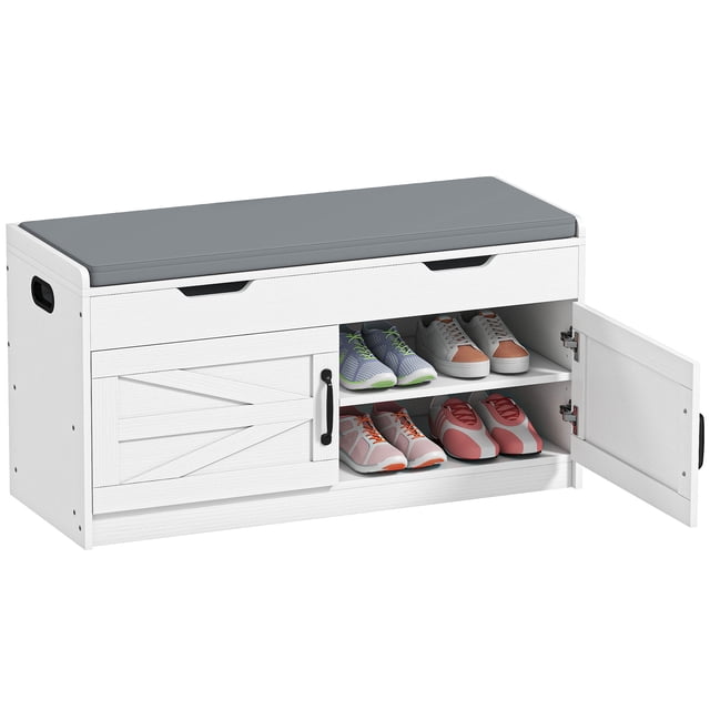 HOMCOM Banc à Chaussures, Banc d'Entrée avec Rangement, Siège Rembourré, Blanc