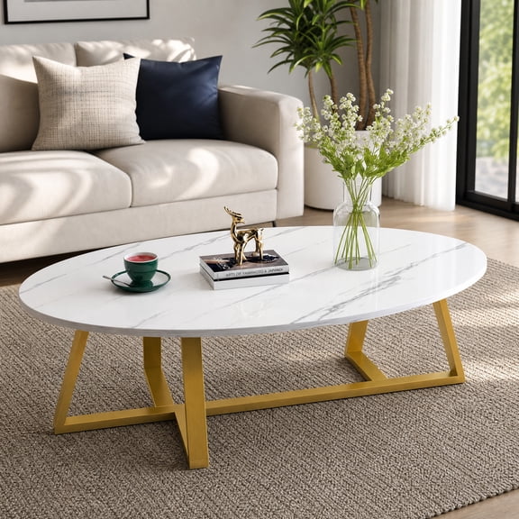 Aboxoo Modern Storage Oval MDF Coffee Table with Gold Metal Legs, White / Gold