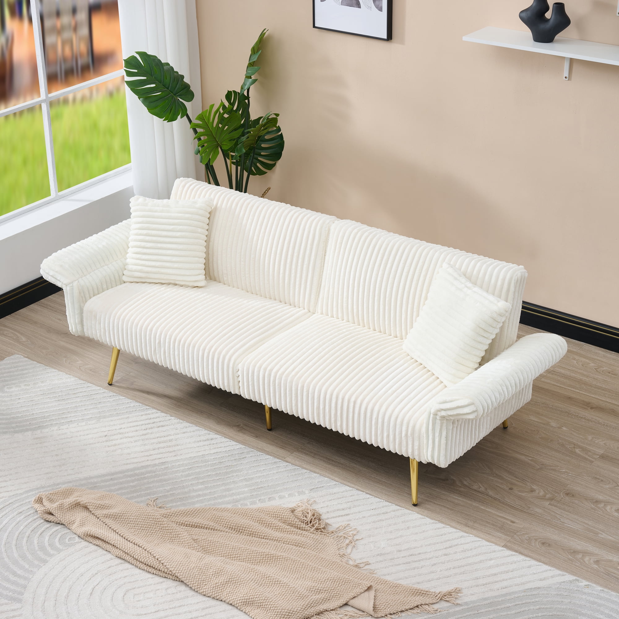 BSHTI 79 inch Corduroy Sofa Bed, Foldable Double Sofa Couch with Folding Armrests, Modern Sofa Couch Suitable for living rooms and small spaces