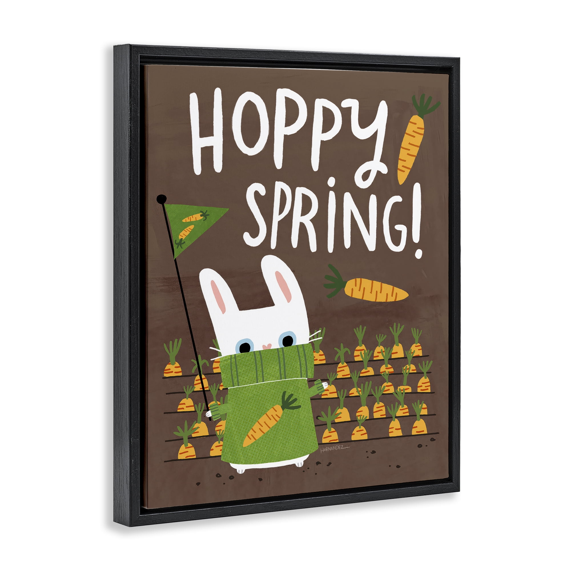 Stupell Industries Happy Spring Bunny & Carrots Animals Painting Black Floater Framed Canvas Art Print Wall Art, 17 x 21