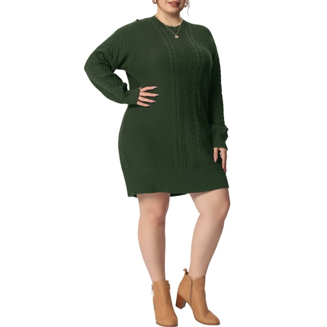 GRACE & GRANDEUR Robe Chandail Grande Taille pour Femmes Manches Longues Tricot Chandail Court Robes Chandail Armée 2X Vert Armée