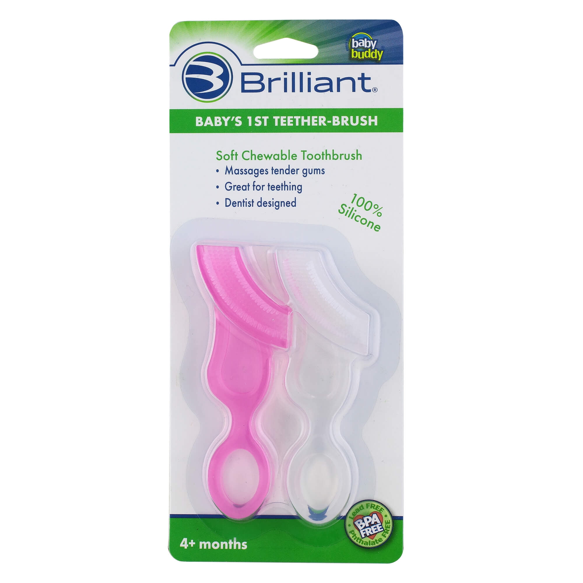 Brilliant Babys 1st Toothbrush Teether, Chewable Silicone, No-BPA First Brush for Babies, Toddlers, Pink-Clear, 2 Count