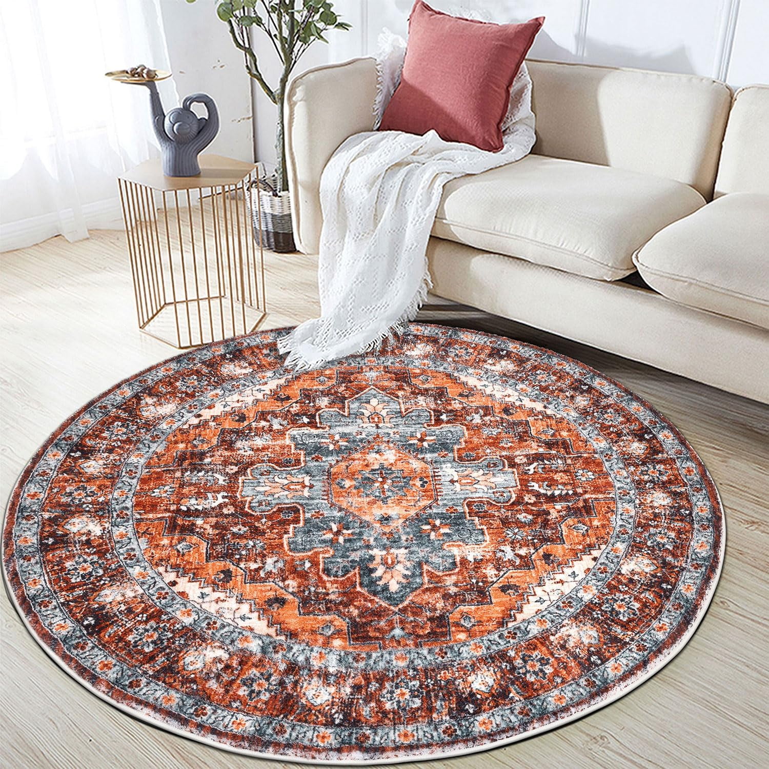 4 ft Round Area Rug, Yamaziot Boho Vintage Oriental Circle Carpet, Washable Non Slip Non Shedding Soft Faux Indoor Floor Mat Rug for Bedroom Living Room Sofa Office