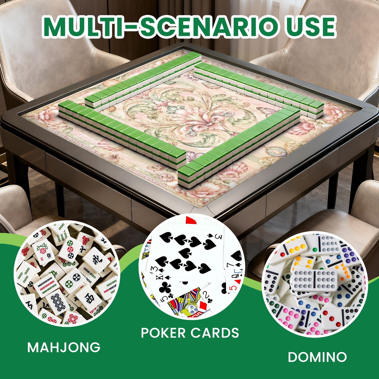 Mahjong Mat 31.5" x 31.5" Delicate Pastel Floral Shell Green Pink Stripes Non-Slip Noise Reduction Mahjong Tiles Table Cover for Dominoes Poker Card Board and Tile Games