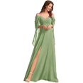 thumbnail image 1 of Vestidos de dama de honor de gasa con cuello en V y tirantes finos personalizados, vestidos formales de dama de honor fruncidos con hombros descubiertos y mangas, 1 of 5