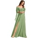 thumbnail image 1 of Vestidos de dama de honor de gasa con cuello en V y tirantes finos personalizados, vestidos formales de dama de honor fruncidos con hombros descubiertos y mangas, 1 of 5