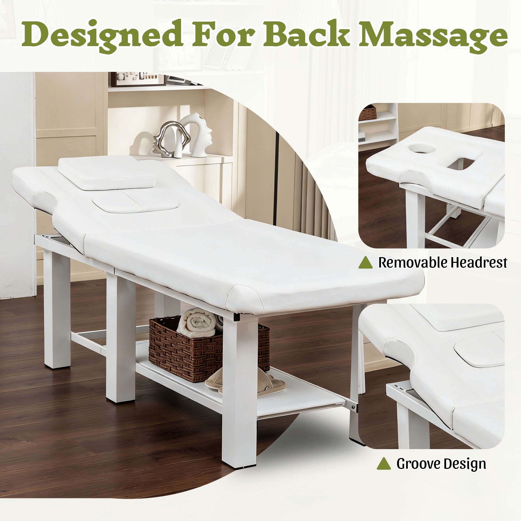 Miniyam 72.7" x 27.5" x 24.0" Massage Table – Adjustable Backrest 0-15°, Detachable Headrest, Bottom Storage, Waterproof Cushion, Steel Frame, 330 lbs – White for Spa Salon Tattoo Medical