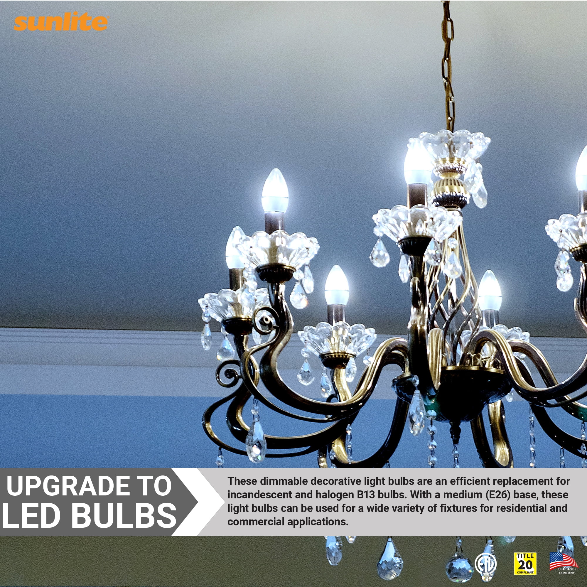Sunlite LED B13 Decorative Chandelier Light Bulb, 7 Watts (60W=), 500 Lumens, 120 Volts, Dimmable, E26 Base, 90 CRI, ETL Listed, Torpedo Clear, Title-20, 5000K Daylight, 6 Pack