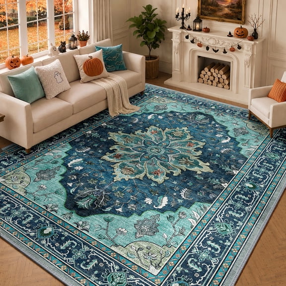 KoshiMe Washable Area Rug 8'x10', Non-Slip Soft Vintage Distress Floral Rugs for Living Room, Stain Resistant Low Pile Medallion Carpet for Dining Room Office, Teal Green
