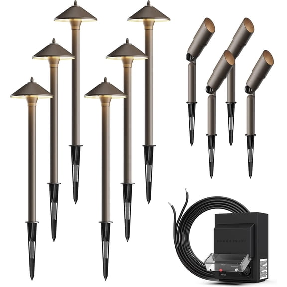 GOODSMANN Landscape Lighting Kit Low Voltage Transformer and 10-Piece Low Voltage Flood Light with Metal Spike and Connector for Garden Pathway Driveway Outdoor 9920-9903-10