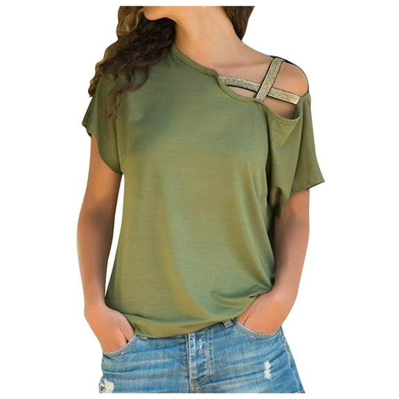 Npasoilc Off Shoulder Tops For Womens Summer Tops Short Sleeve Strappy Cold Shoulder Tops Irregularity Cute Tunic Blouse Basictees Tops Shirts