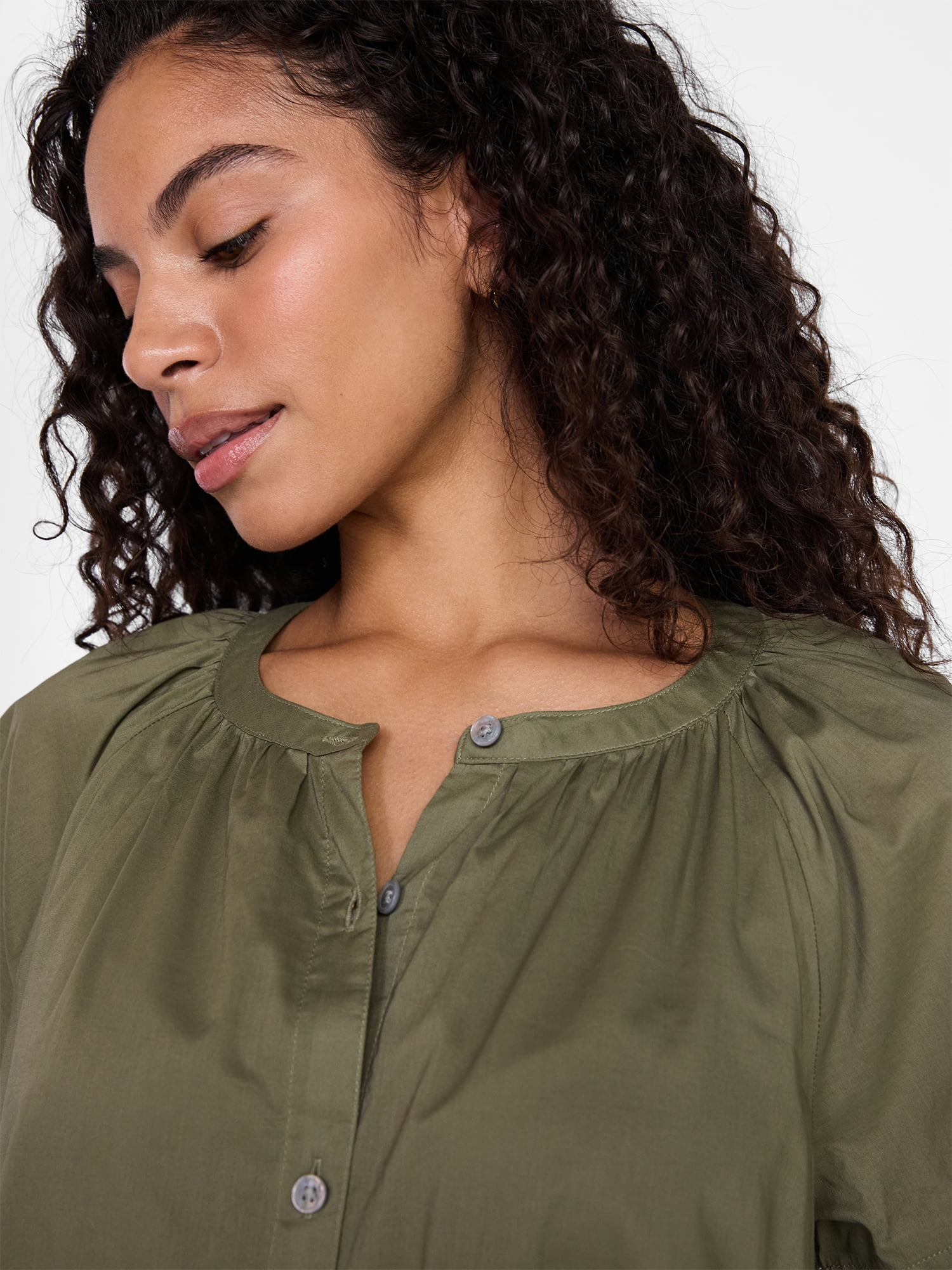 Time and Tru Women's Cotton Button Up Blouse with Short Sleeves, Sizes XS-XXXL