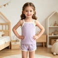 thumbnail image 6 of Juorvia Toddler Girls Summer Outfits 2pc Loungewear Cotton Classic Fitted Sleeveless Tops Color Spliced Shorts(6-7 Years,Purple), 6 of 6