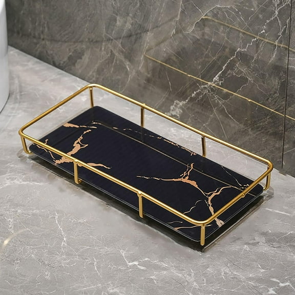 Bathroom Countertop Organizer, Iron Frame, Marbled Glass Base, Waterproof and Rust-Resistant Makeup Holder, Suitable for Vanities, Sinks, and Toilet Storage Black Small 28.5*14*5cm