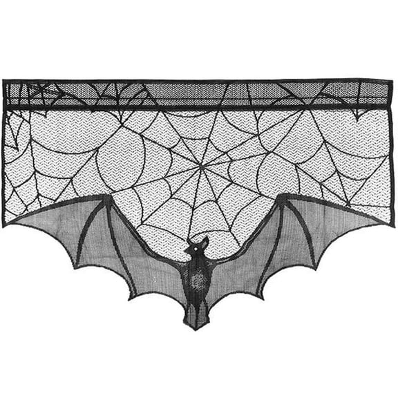 Hzzsbu Black Spider Web Lace Bat Pattern Window Curtain, Holiday Indoor Door Window Decorative Drape