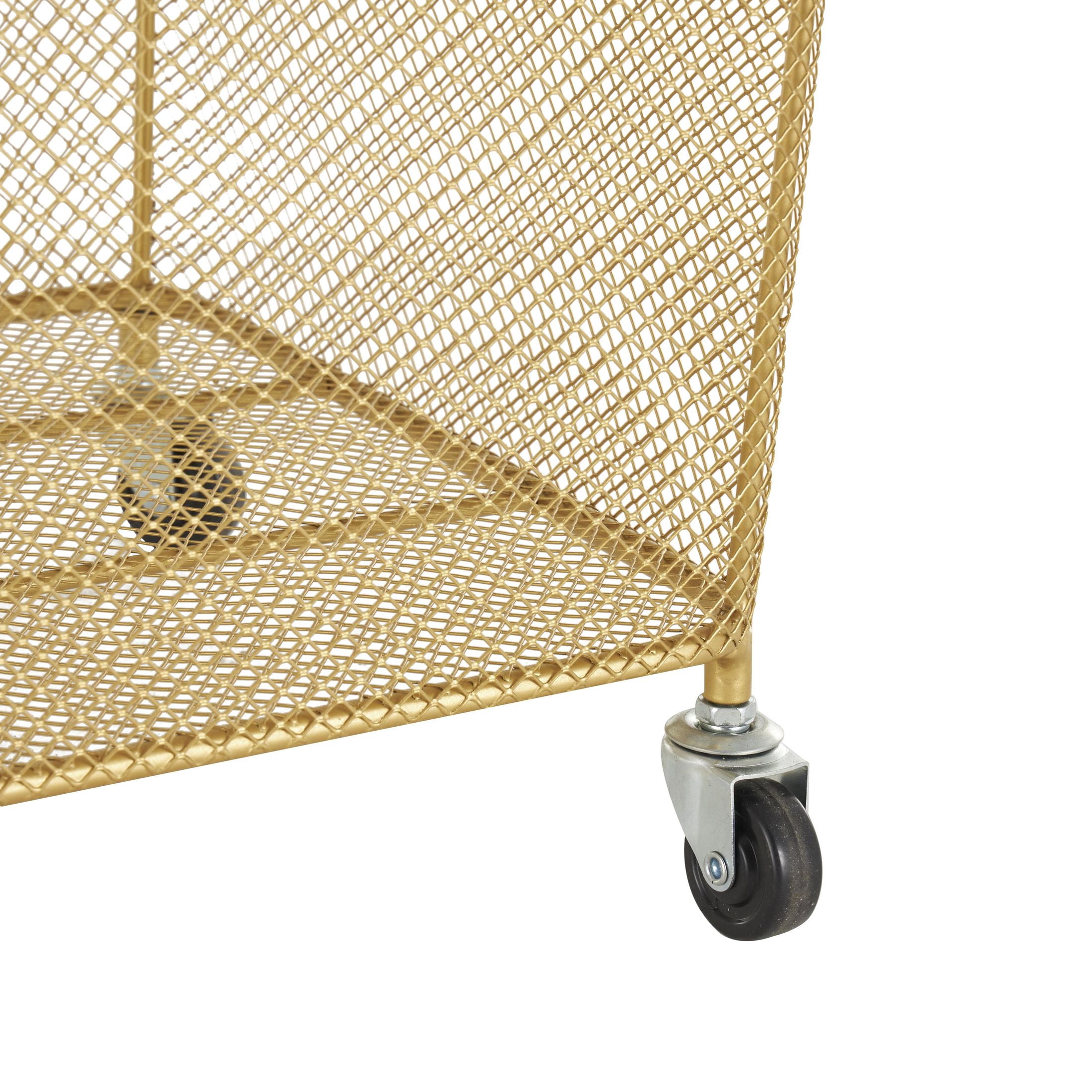 DecMode Gold Metal Square Mesh Wire Rolling Laundry Storage Cart with Ring Handles