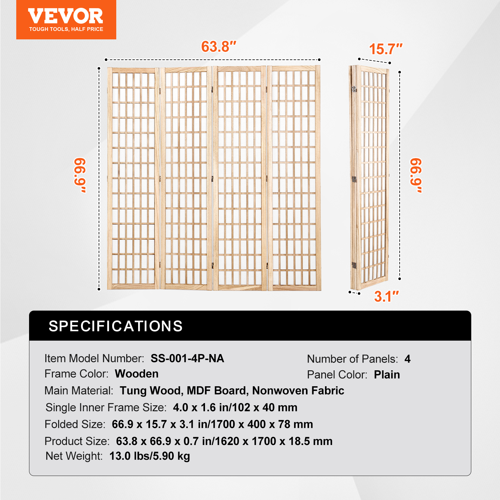 VEVOR Room Divider, 4 Panel Japanese Room Divider, Folding Privacy Screen Indoor, Portable Partition Dividers and Decoration Screens, for Room Separation,Home,Office,Restaurant & Bedroom (Natural)