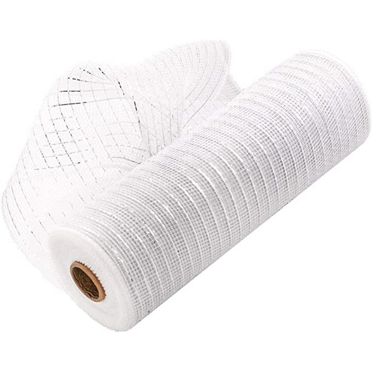 Jeashchat White Mesh Ribbon with Foil 10 inch x 30 Feet Each Roll for Wreaths, Presents, Swags Bows Wrapping and Decorating Clearance, Size: One Size