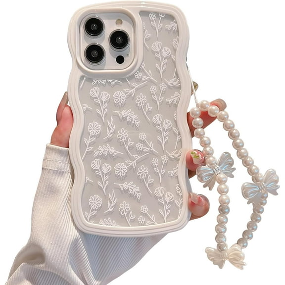 Compatible for iPhone 14 Pro Case for Women Girls,Cute Curly Wave Wavy Frame Shape Shockproof Soft TPU 2 in 1 with Bow Bracelet Flower Floral Phone Cove for Women Girl