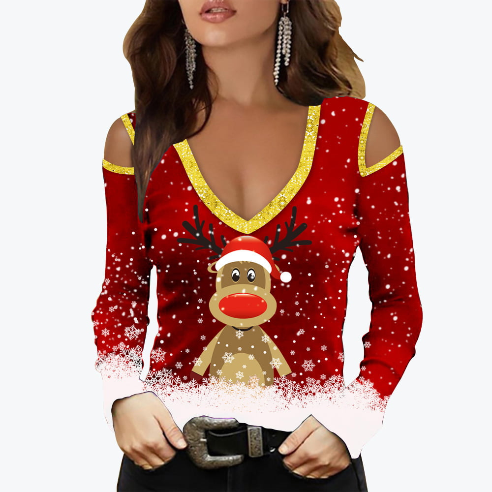 Womens Jumper Pullover Xmas Christmas Hoodies Top Winter Off Shoulder Sweatshirt 