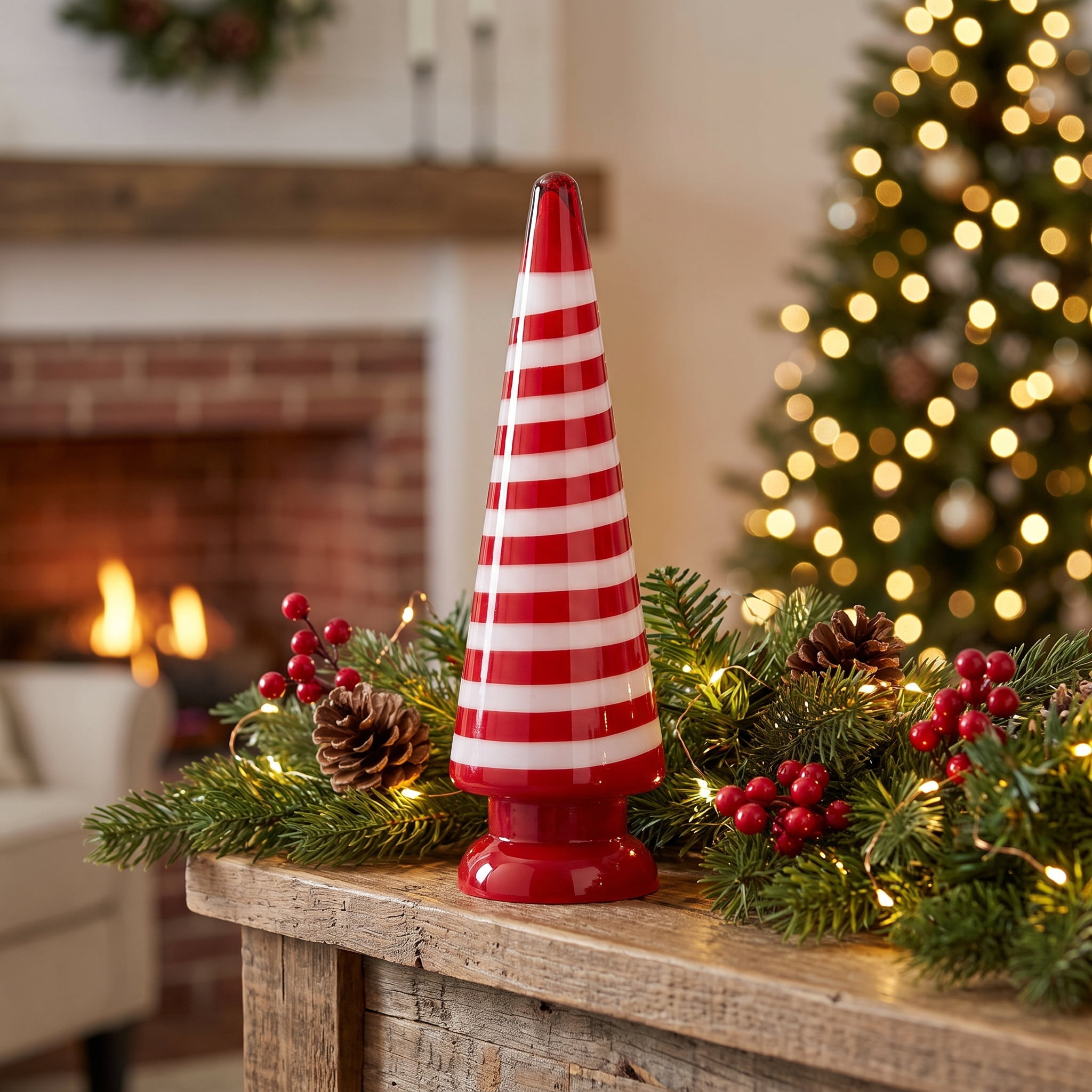Large Striped Glass Tree Christmas Decoration, Red and White, 13", by Holiday Time