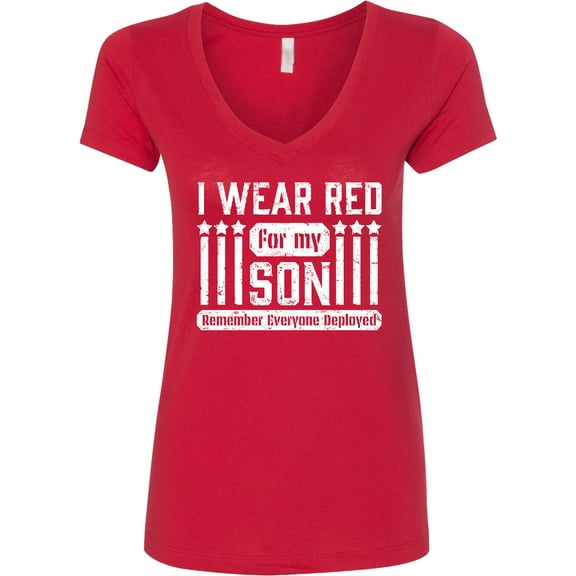 Inktastic I Wear Red for My Son Remember Everyone Deployed Women's V-Neck T-Shirt