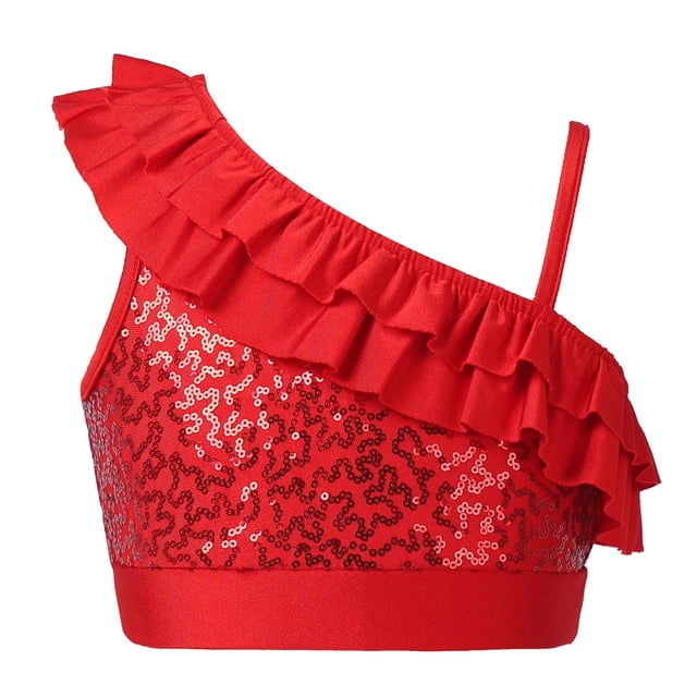 Miaeowve Enfants Filles Paillettes Brillantes Volant Épaules Dégagées Crop Top Débardeur à une Épaule Veste Vêtements de Scène Performance Rouge 8