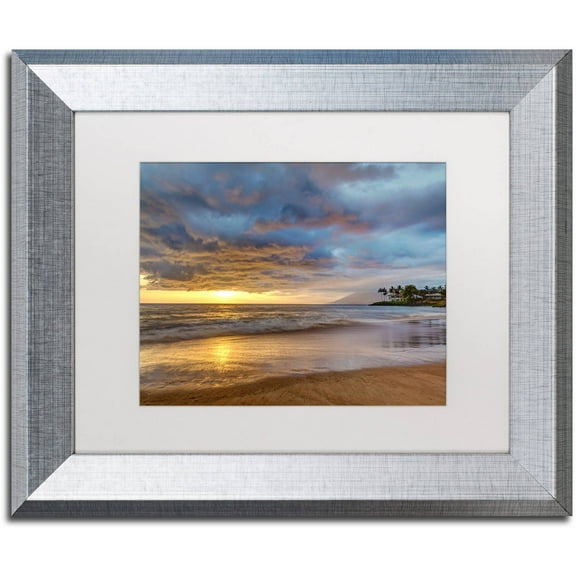 Trademark Fine Art 'Secret Beach Sunset' Canvas Art by Pierre Leclerc, White Matte, Silver Frame