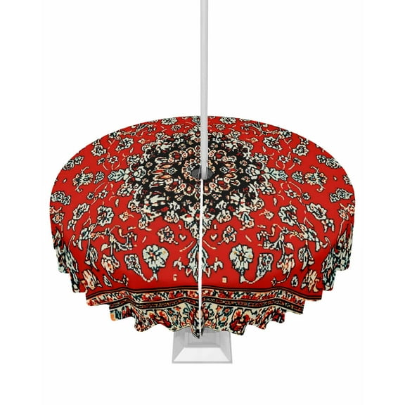 Hokiten Outdoor Tablecloths with Umbrella Hole & Zipper, Red Boho Round Tablecloths 60 Inch, Vintage Farmhouse Abstract Floral Aesthetic Waterproof Table Cloth, Patio/Pool/Picnic Table Covers