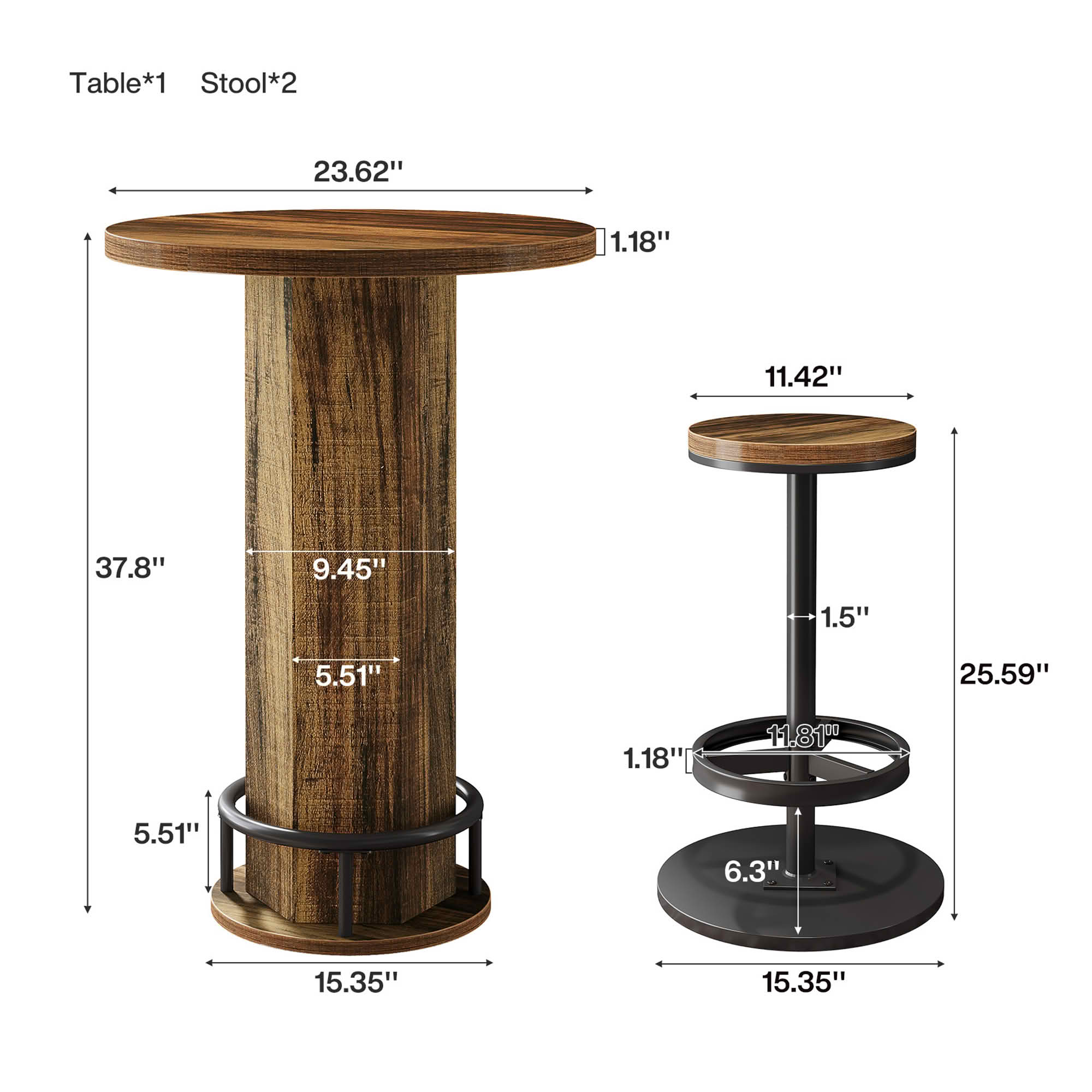 MAYEERTY Bistro Set with 2 Barstools, Round Pub Cocktail Table and Chairs, Modern Farmhouse Industrial Bar Height Dining Set for Small Space