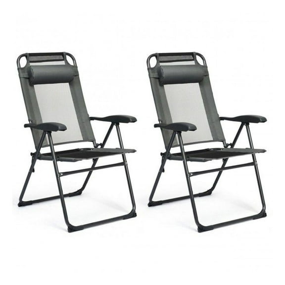 Folding Patio Recliner Chairs (2-Pack) - Adjustable 7-Position Backrest - Outdoor Lounge Chairs for Garden, Beach, Camping - Steel Frame, Black/Gray