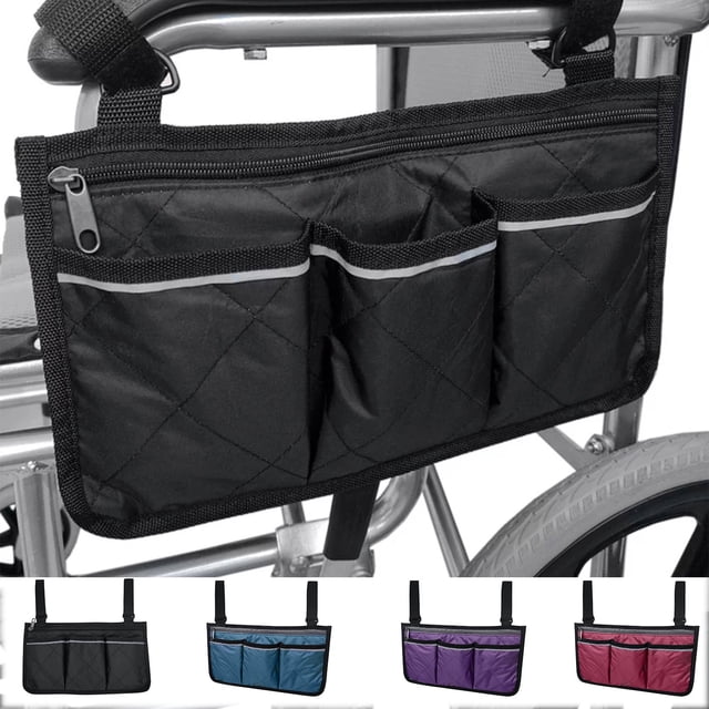SCZ Bolsa lateral para silla de ruedas con tira reflectante - Bolsa para reposabrazos y bebida - Organizadores de accesorios para sillas de ruedas y soporte para botella de agua