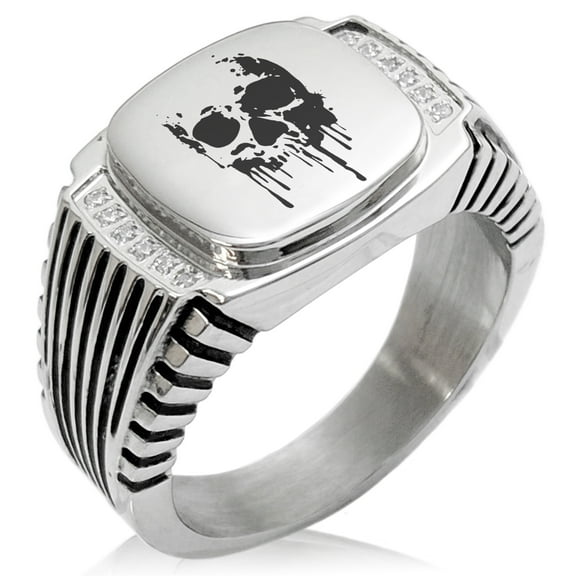 Stainless Steel Hades Greek God of Underworld CZ Ribbed Needle Stripe Pattern Biker Style Polished Ring