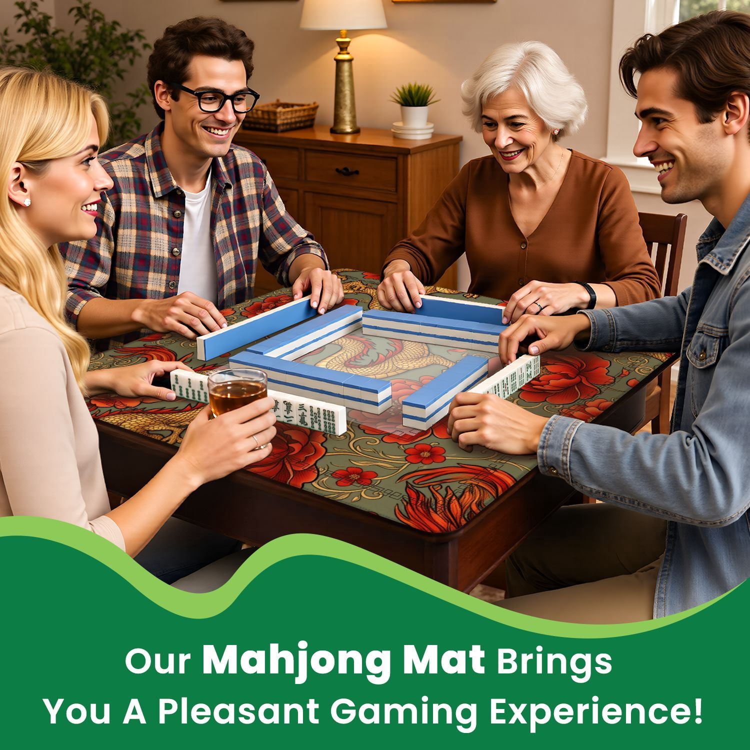 Mahjong Mat 31.5" x 31.5" Japanese style vintage seamless horned fantasy dragon chrysanthemum Non-Slip Noise Reduction American Mahjong Tiles Table Cover for Dominoes Poker Card Board Games Gift