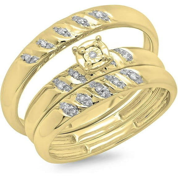 Divine Creation Unisex 14K Yellow Gold Plated 1.50 Ct Round Cut White Diamond Wedding Engagement Trio Ring Set 925 Sterling Silver For Men's & Women's -9